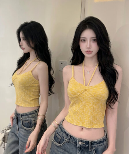실사 황색 행침 목 니트 캐미솔 여름 순수한 욕망 인사이드 가져 가라. Chic 핫걸 쇼트 스타일 민소매 맨위