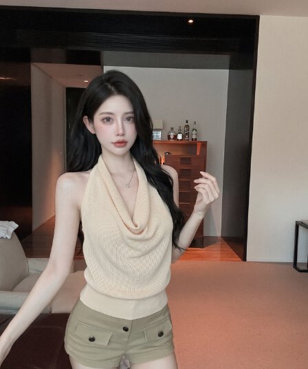 실사 핫걸 흔들다 칼라 행침 목 조끼 여성 여름 외출용 고유 한 아름다운 슬립 허리 수축 슬림해 보이는 민소매 맨위