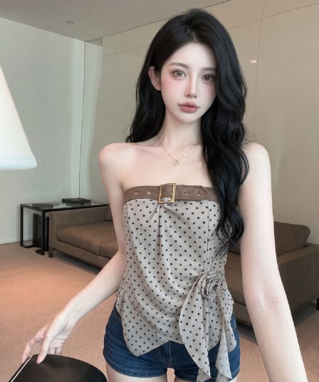실사 천년기 핫걸 바람 튜브탑 여성 여름 새로운 3 차원 주름 몸매 가꾸기 불규칙 밑단 민소매 맨위 트렌디
