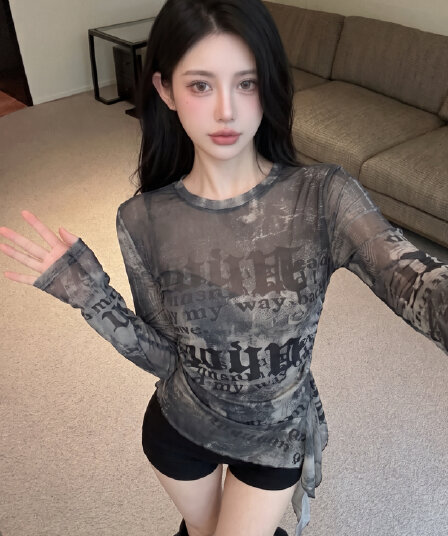 실사 라운드 넥 헤일로 염색 프릴 리본 불규칙 긴팔 망사 맨위 여성 여름 몸매 가꾸기 주름 세트 티셔츠