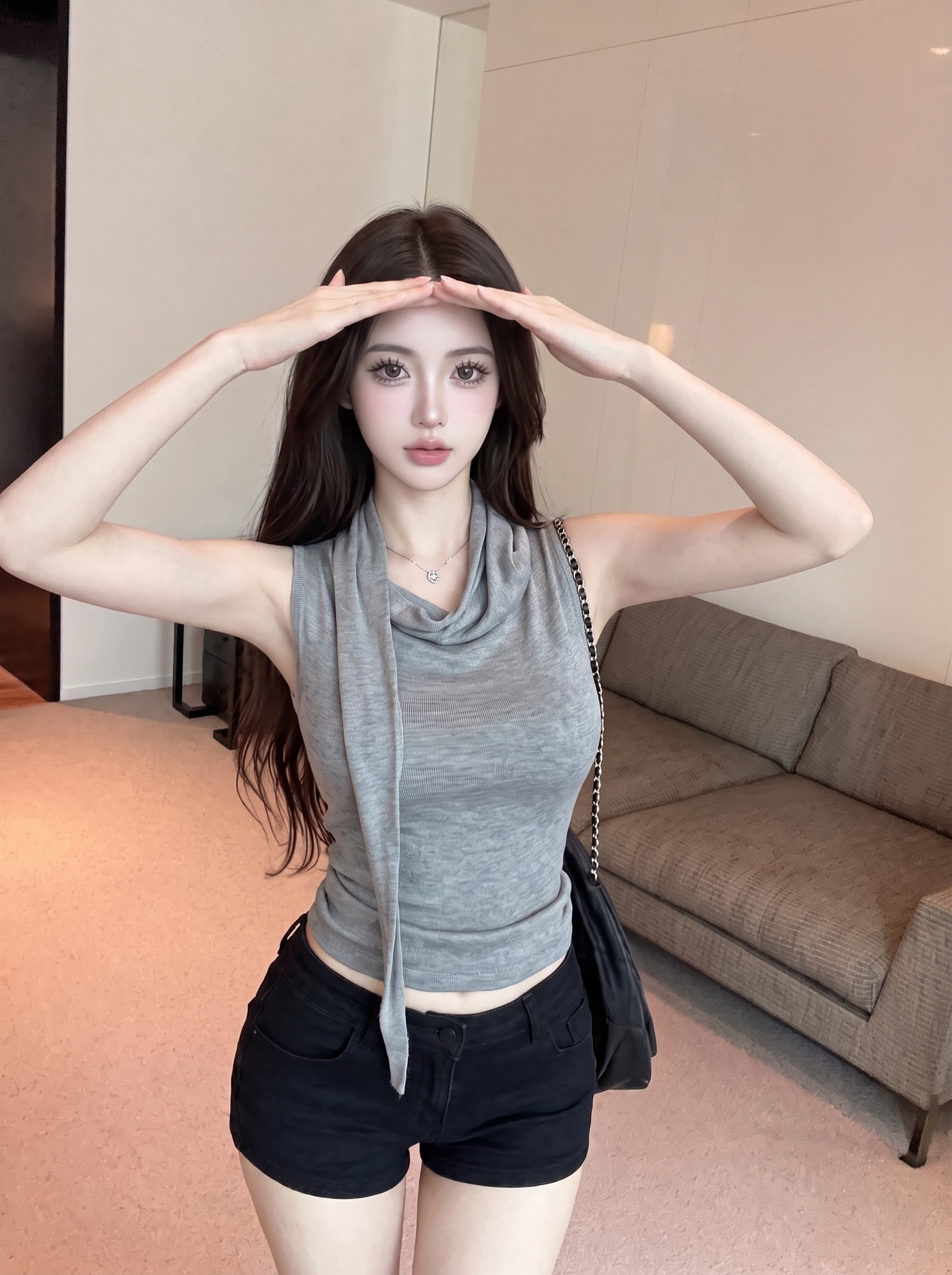 高级感褶皱荡领短袖T恤不规则收腰小衫女夏季无袖设计感上衣 服裝批發女裝批發服飾貨源