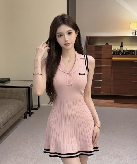 실사 스트라이프 니트 POLO 칼라 민소매 여성 드레스 여름 천 골드 골프 테니스 운동 착용 가져 가라. 미니 스커트