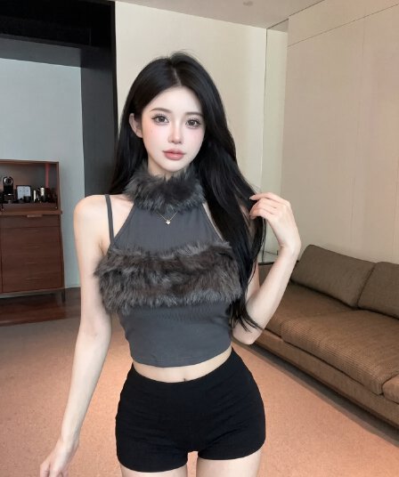 실사 순수한 욕망 달콤한 매운맛 행침 목 모피 패치워크 조끼 오프숄더 하이웨이스트 쇼트 스타일 몸매 가꾸기 슬림해 보이는 민소매 맨위 트렌디