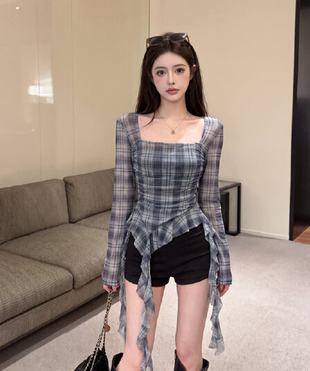 실사 낮은 가슴 체크무늬 주름 프릴 리본 긴팔 망사 맨위 불규칙 풀오버 티셔츠 여성