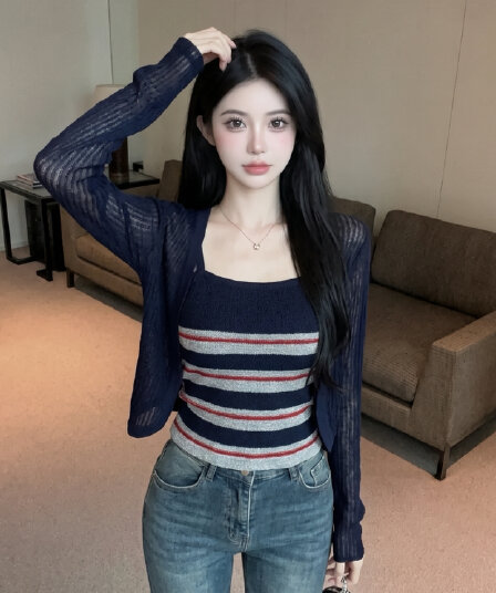 실사 빛 요리 한 지성 출퇴근 바람 스트라이프 슬립 자외선 차단 니트 오픈 가디건 투피스 세트 배색 여름 다용도 세트