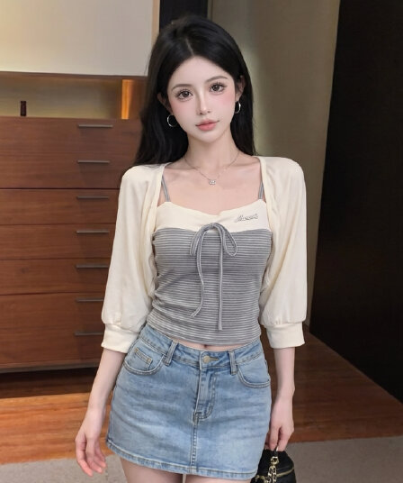 실사 이른 가을 스택 착용 나비 넥타이 랜턴 고유 한 Chic 긴팔 캐미솔 투피스 세트 맨위