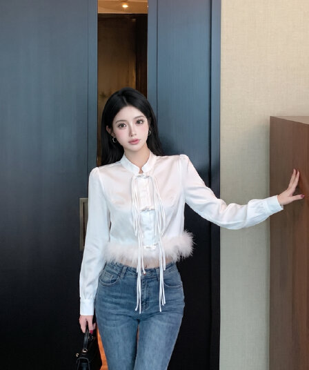 실사 새로운 중식 빛 국풍 단추 맨위 여성 이른 가을 새로운 로드 중 술 디자인 센스 작은 대중 화이트 셔츠