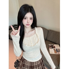 批发实拍 韩系少女感假两件长袖T恤女早秋蕾丝设计感修身收腰<b class='q'>打底</b><b class='q'>上衣</b>