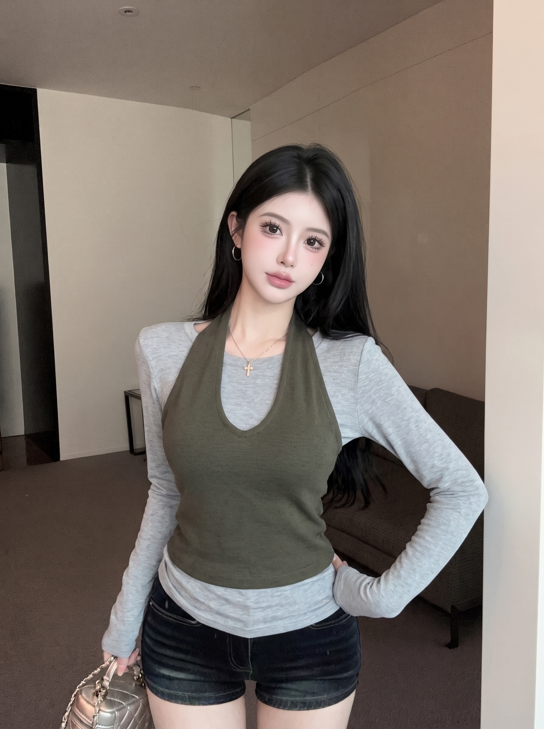 BY35785# 针织衫正肩长袖T恤女秋季胖mm韩系吊带叠穿上衣两件套 服裝批發女裝批發服飾貨源