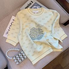 批发（现货）1875#（<b class='q'>北极</b><b class='q'>绒</b>）黄色设计感趣味苹果修身短袖针织衫上衣