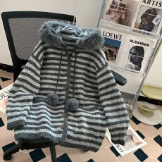 批发连帽条纹高级感开衫<b class='q'>毛衣</b>女秋冬外穿2025新款<b class='q'>中长款</b>遮***慵懒外套