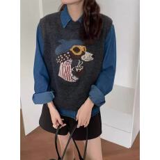 批发韩版网红新款卡通无袖针织背心减龄毛衣坎肩圆领百搭保暖上衣马甲