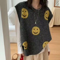 批发韩系笑脸提花慵懒风软糯叠穿针织马甲背心女秋季宽松百搭毛衣背心