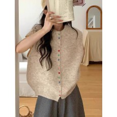 批发彩扣无袖针织马甲毛衣背心女短款秋季复古慵懒风韩系叠穿坎肩新款