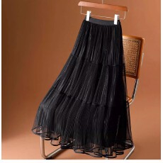 批发法式大摆纱裙蛋糕裙半身裙女春夏新款闪闪中长款两面穿网纱百褶裙