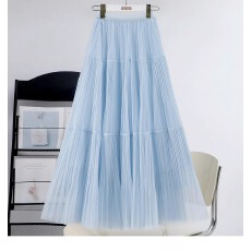 批发夏季高腰压褶网纱半身裙女蓝色仙女A字裙子蛋糕裙显瘦垂感长裙