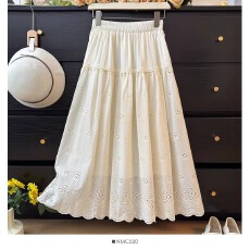 批发法式木耳边镂空勾花显瘦<b class='q'>半身</b>裙女夏2026甜美减龄褶皱宽松大摆伞裙