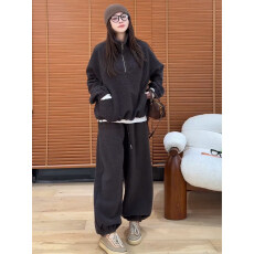 批发【7861套装#】休闲运动服套装女冬季宽松半拉链卫衣长裤两件套