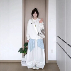 批发休闲运动套<b class='q'>装</b>女春秋韩系松弛感宽松显瘦白色印花卫衣阔腿<b class='q'>裤</b><b class='q'>两件套</b>
