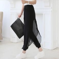 批发瑜伽宽松黑纱拼接<b class='q'>雪纺</b>松紧腰<b class='q'>哈伦裤</b>假两件灯笼裤休闲百搭裤垂感裤