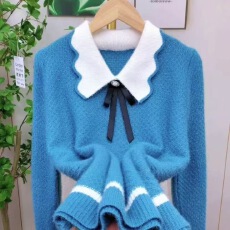 批发秋冬新款<b class='q'>韩版</b>套头娃娃领上衣宽松圆领拼色针织打底衫毛衣