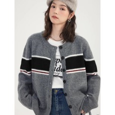 批发复古毛衣外套女2025新款韩版慵懒风设计感拼接<b class='q'>条纹</b>针织开衫女上衣