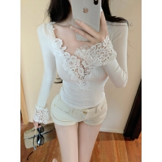 批发仿棉 设计感拼接v领<b class='q'>长袖</b>T恤女秋修身内搭纯欲风打底上衣