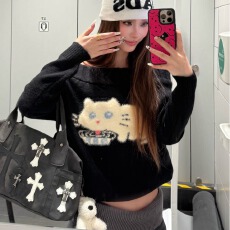 批发美式复古猫咪提花一字肩毛衣女修身显瘦<b class='q'>针织衫</b>上衣辣妹