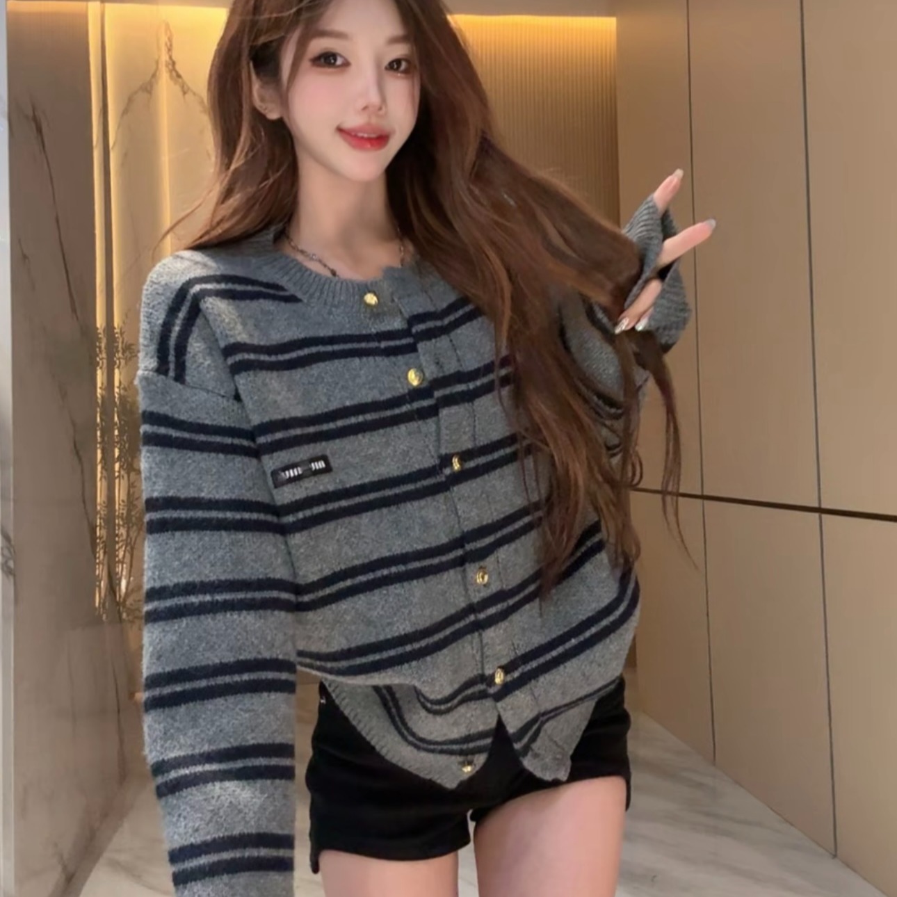 오픈 가디건 mumu 니트 상징 레이블 장식 알파벳 재킷 새로운 스트라이프 레트로 여성 긴 소매 이른 가을 소녀 시리즈