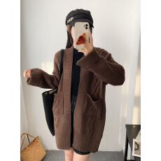 批发秋季新款羊绒<b class='q'>开衫</b>女v领中长款<b class='q'>外</b><b class='q'>搭</b>宽松腰带毛衣羊毛针织外套