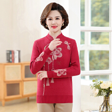 批发新款潮流国风时尚减龄<b class='q'>妈妈</b>装舒适绣花加绒保暧<b class='q'>毛衣</b>中式立领上衣