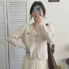 欧货重工刺绣蓝色马海毛毛衣外套女2026秋冬甜美减龄v领针织开衫