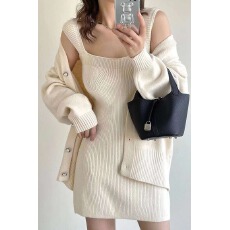 批发韩国chic秋冬复古开衫长袖针织毛衣外套+方领修身显瘦吊带<b class='q'>连衣裙</b>