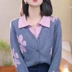 批发高级感上衣针织开衫polo领时尚拼接提花假两件毛衣长袖女早春新款