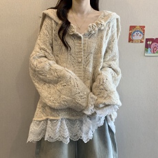 批发<b class='q'>大码</b><b class='q'>女装</b>秋冬新款花朵蕾丝拼接连衣裙宽松慵懒风针织毛衣上衣