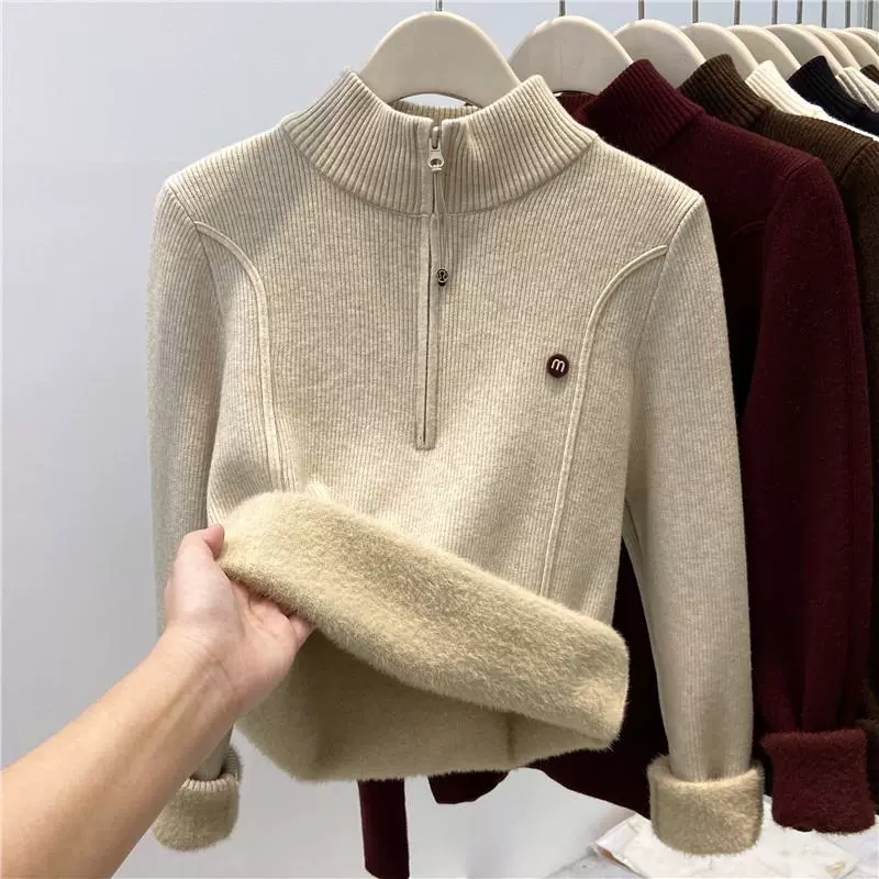 하나 플러시 두꺼운 스웨터 여자 가을 겨울 새로운 반 개방 칼라 지퍼 니트 기본 셔츠 몸매 가꾸기 보온 인사이드 잡아라. 의류