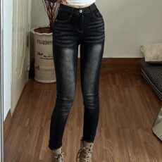 批发弹力黑灰做旧磨白辣妹铅笔<b class='q'>牛仔</b>裤<b class='q'>女</b>秋冬新款修身紧身小脚九分裤