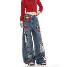 批发趣味卡通布贴<b class='q'>牛仔裤</b><b class='q'>女生</b>春季新款慵懒风垂感宽松休闲阔腿长裤