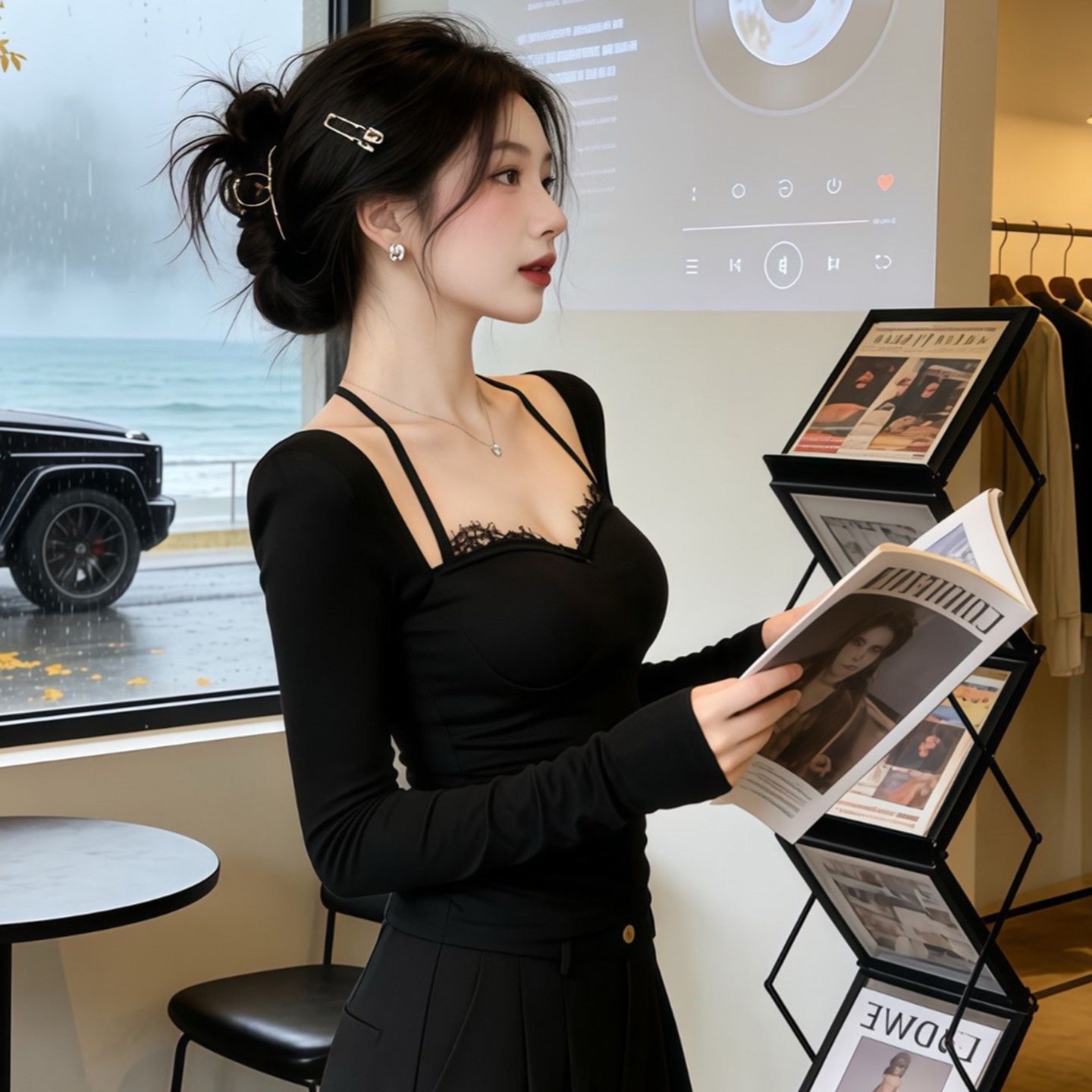 모방 면 벨트 가슴 패드 봄 가을 행침 목 오프숄더 긴팔 티셔츠 핫걸 디자인 센스 인사이드 잡아라. 의류