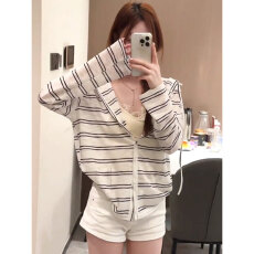 批发天丝雪花棉 连帽条纹<b class='q'>开衫</b><b class='q'>女</b>春秋韩系慵懒风上衣小外套