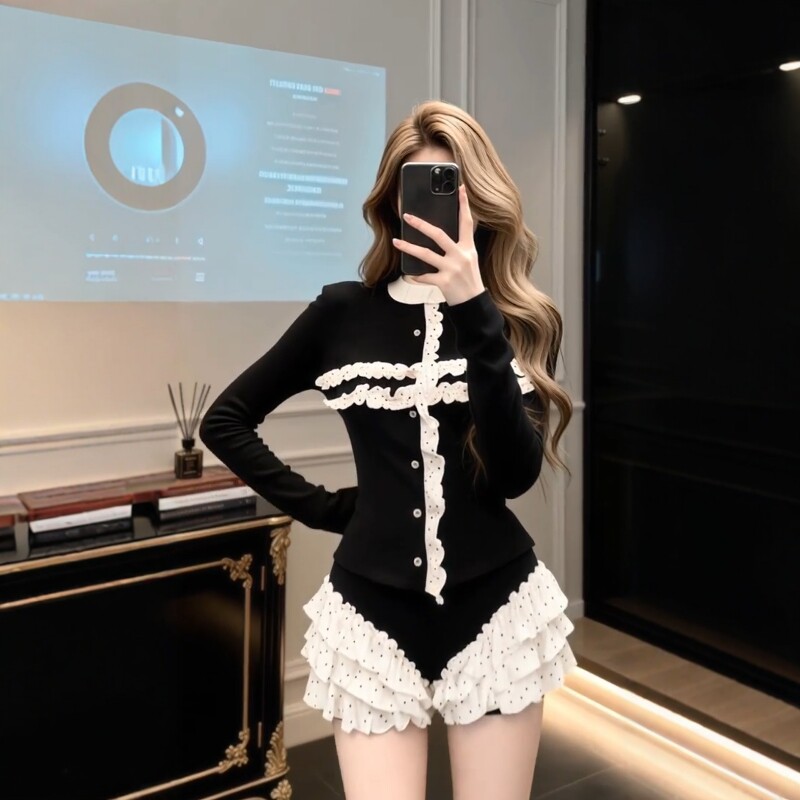 봄 가을 새로운 레이스 오픈 가디건 맨위 레이스 짧은 바지 여자 리 핫걸 세트