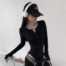 批发仿棉春夏低圆领连体衣紧身显瘦长袖T恤甜辣打底衫小上衣