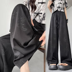 批发国风缎面提花中式印花凉爽<b class='q'>阔腿裤</b>女夏季新款高腰垂感<b class='q'>显瘦</b>休闲长<b class='q'>裤</b>