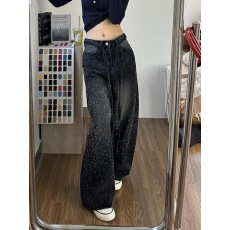 批发黑色<b class='q'>烫钻</b>满天星细闪阔腿裤潮牌美式街头裤子腰带<b class='q'>牛仔裤</b>女