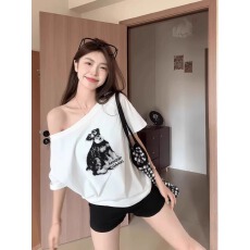 批发原版40支纯棉 220克 92%棉8%氨纶 斜领<b class='q'>一字肩</b>美式辣妹小狗印花