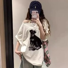 批发原版40支纯棉 220克 92%棉8%氨纶 斜领<b class='q'>一字肩</b>美式辣妹小狗印花