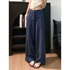 批发藏青色亚麻苎麻阔腿裤女夏季薄款高腰老钱风<b class='q'>西装</b>直筒<b class='q'>棉麻</b>休闲裤子