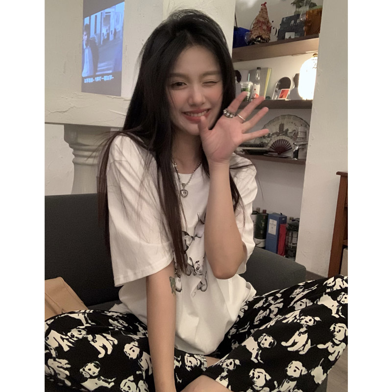 원본 있음 주머니 개 프린트 하이웨이스트 도루 센스 와이드 레깅스 바지 여름 루즈핏 슬림해 보이는 캐주얼 스트레이트 바지