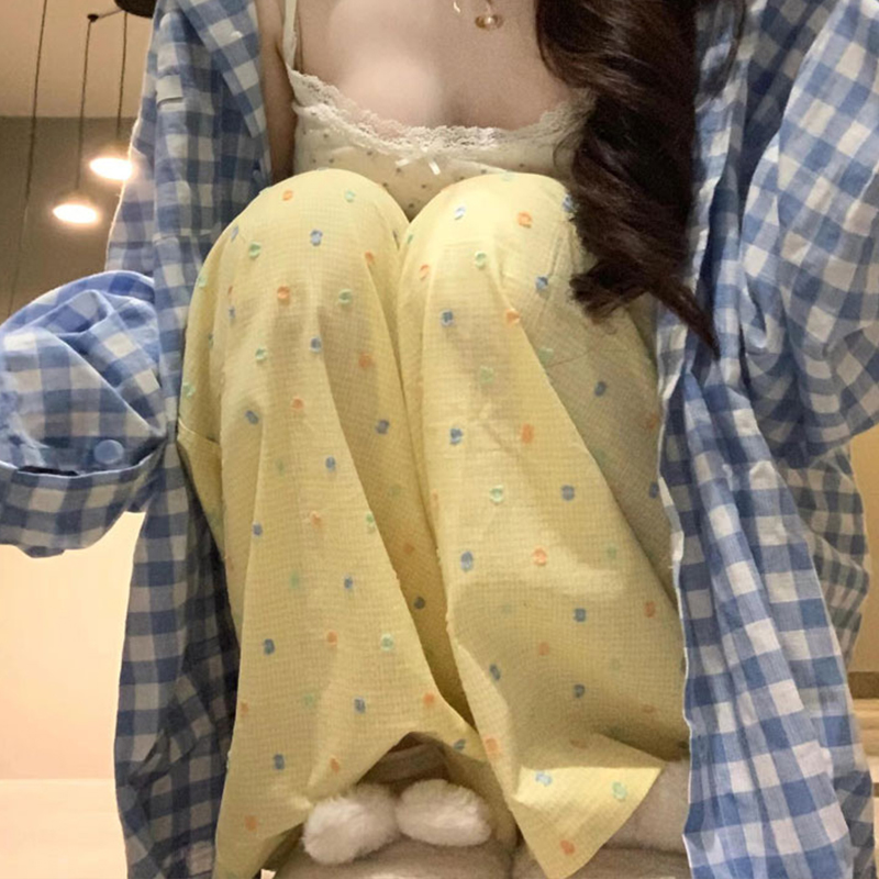 원본 자카드 원단 색상 도트 무늬 하이웨이스트 캐주얼 바지 여성 여름 루즈핏 스트레이트 다용도 긴 바지