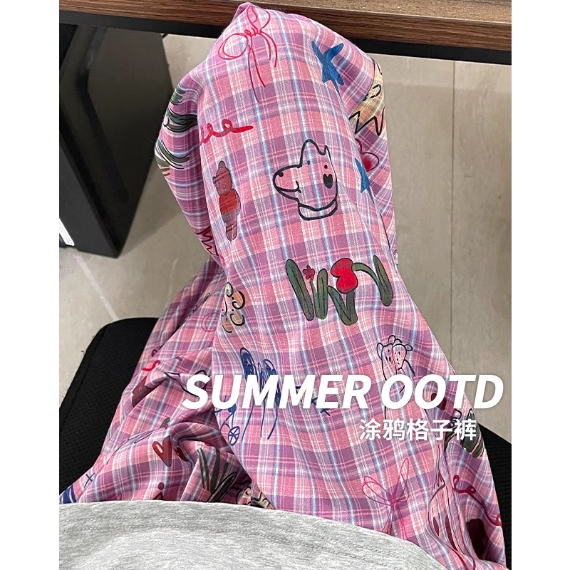 아메리칸 낙서 체크무늬 바지 아이들 여름 하이웨이스트 루즈핏 스트레이트 프린트 캐주얼 바닥 청소 와이드 레그 팬츠